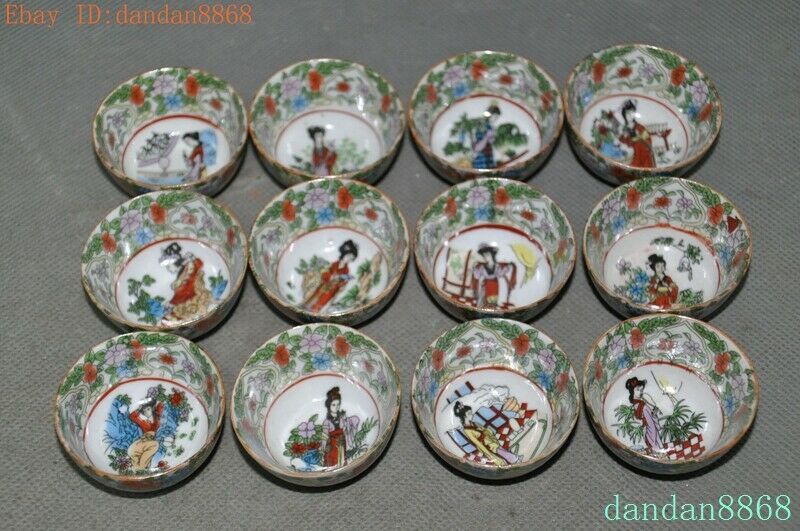 1.9" Old Chinese Ancient Times Wucai Porcelain Beauty Woman Tea Cup Bowl A Set