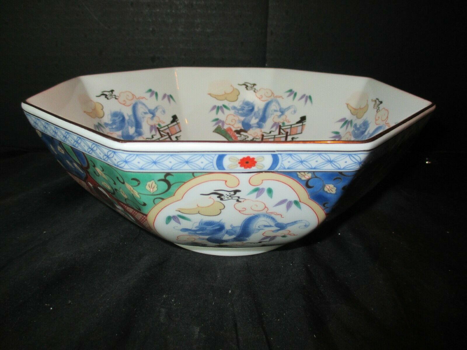 Chinese Famille Rose Octagonal Blue Dragons Bowls 8 3/4" Wide 3 1/2" Deep